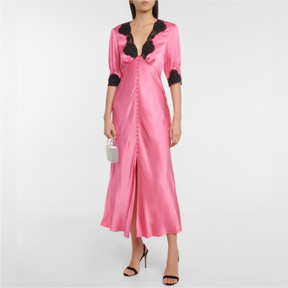 Rixo Simone dress in fuchsia pink and black lace